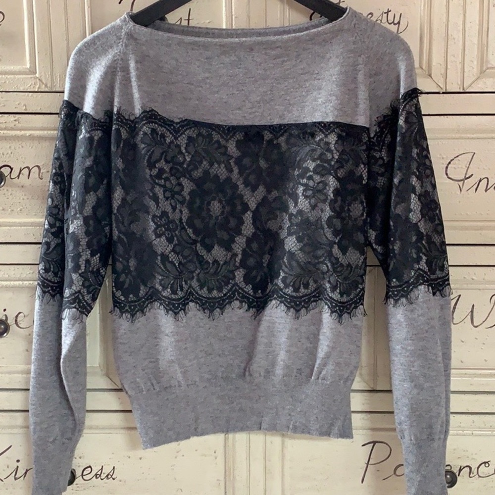Gray Long Sleeve Sweater Black Lace Decor Pullover